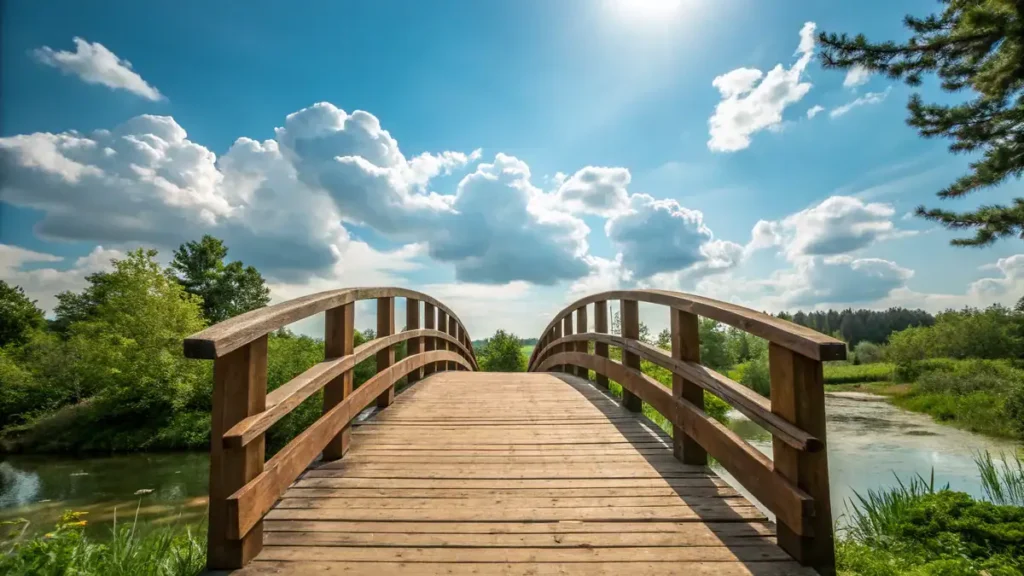 What are the main types of bridges? 9 A serene and natural scene featuring a wooden brid 1737169938805